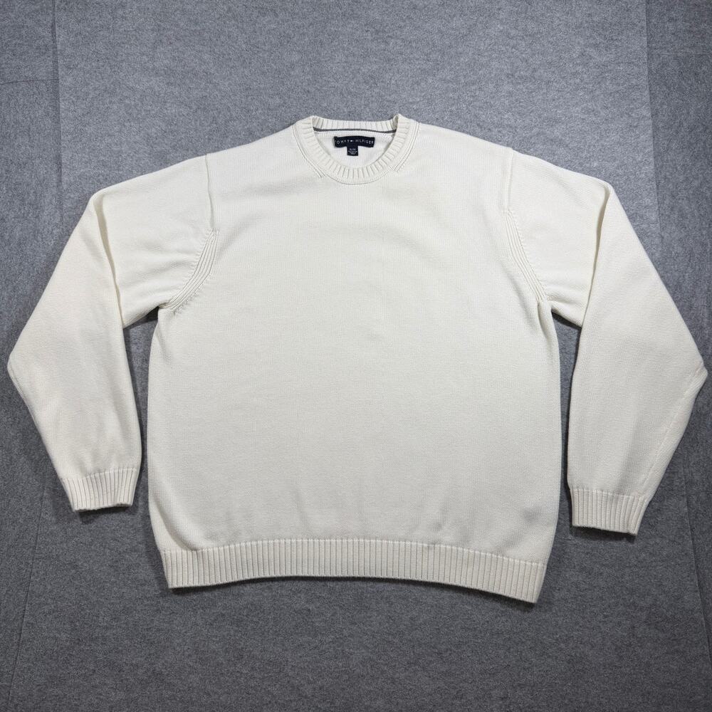 Tommy Hilfiger Heavyweight Knit Sweater Mens XL Cream Crewneck Flag Logo Preppy
